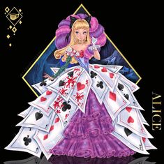 a drawing of a woman in a dress made out of playing cards with the words alice