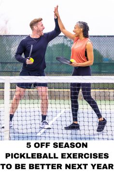 two people holding tennis racquets on a tennis court with the words 5 off season pickleball exercises to be better next year