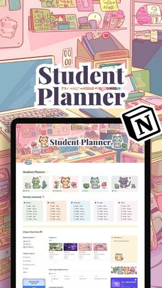 the student planner app is displayed on a tablet with an image of books and other items