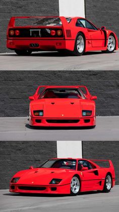 three different views of a red sports car