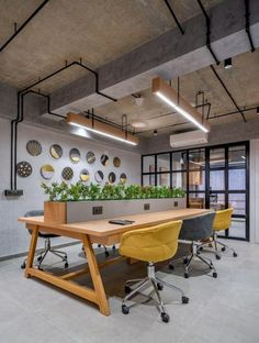 an office with two desks and plants on the wall