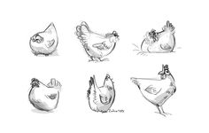 several chickens are shown in this black and white drawing