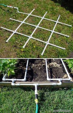 an old pipe is used to make a garden bed in the grass and then put together