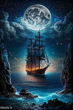 a painting of a ship sailing in the ocean at night with full moon and clouds