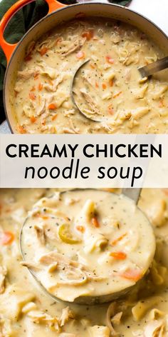 creamy chicken noodle soup in a pot with a ladle