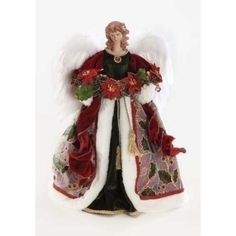 an angel figurine with red flowers and white fur on it's back