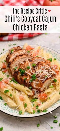 the recipe for chicken pasta is shown on a plate with parmesan cheese and herbs