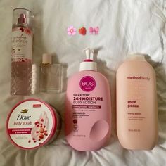 moisturiser, dove, method body wash, perfume, clean aesthetic, scent Fruity Scented Shower Routine, Eos Jasmine Peach Combo, Eos Pomegranate Raspberry Combo, Female Essentials, Eos Lotion, Scent Combos, Pink Fragrance, Shower Products, Body Hygiene