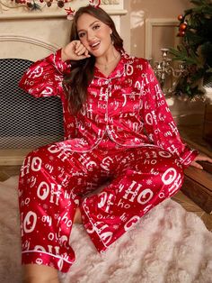 Style:Cute \nStyle:Casual-Woman \nDetails:Pocket \nDetails:Button Front \nColor:Red \nPattern Type:Christmas \nPattern Type:Letter \nPattern Type:All Over Print \nType:Pant Sets \nSleeve Type:Regular Sleeve \nFit Type:Loose \nNumber of Pieces:2 Piece Set \nWaist Line:Natural \nTemperature:Spring/Fall (18-25℃/63-77℉) \nFestivals:Christmas \nUnderwear & Sleepwear Users:Teen \nFabric:Non-Stretch \nCare Instructions:Machine wash, do not dry clean,wash with the soft detergent \nSheer:No \n Cute Christmas Pjs, Snowflake Print, Plus Size Pajamas, Christmas Pjs, Pant Sets, Fall Clothes, Sleep And Loungewear