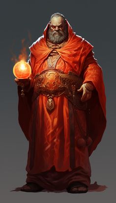 a man in red robes holding a ball and wearing a large orange robe with a long beard