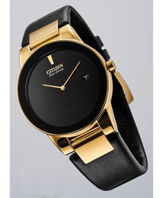 Citizen Eco-Drive pairs a linked gold-tone case with smooth black leather and an inky minimalist dial for this light-powered timepiece from the inspired Axiom collection. Style #AU1062-05E Modern Leather Watch With Polished Finish, Leather Watches With Polished Finish, Polished Leather Watch With Round Dial, Black Watches With Polished Finish And Round Dial, Formal Black Polished Watch Bands, Formal Black Watch Band With Polished Finish, Formal Black Watch Bands With Polished Finish, Sleek Black Business Watch, Sleek Black Watch For Business