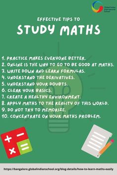 a green poster with the words effective tips to study maths on it and an image of