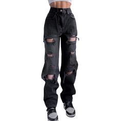 Women Ripped Jeans Low Rise Cutout Baggy Straight Wide Leg Jeans Fashion Denim Streetwear Pants High Waist Boyfriend Jeans, Pants Ripped, Ripped Denim Pants, Womens Ripped Jeans, Street Jeans, Streetwear Pants, Look Retro, Black Ripped Jeans