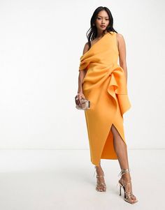 ASOS DESIGN fallen shoulder manipulated tuck body-conscious midi dress in marigold | ASOS Off The Shoulder Midi Dress, Midi Pencil Dress, Off Shoulder Fashion, Bodycon Midi Dress, Asos Dress, Dress Midi, Bodycon Midi, Midi Length Dress, Dress Cuts