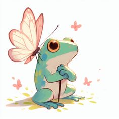 a frog sitting on the ground with a butterfly flying above it's back legs