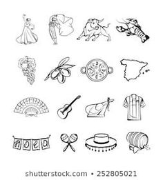 a black and white drawing of many different things