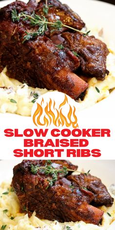 two pictures of slow cooker braised short ribs with mashed potatoes and garnishes