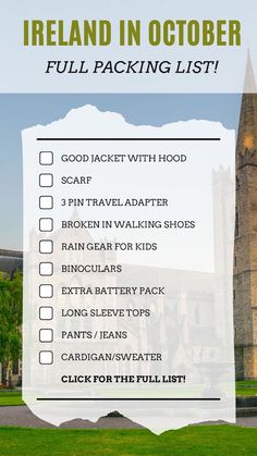 the ireland in october packing list with text overlaying it and an image of a church