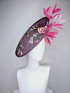 From the 2024 Featured Milliner of the Kentucky Derby Museum  Gorgeous Kentucky Derby hat fascinator  kentucky derby hat fascinator purple violet sinamay saucer with embroidered blue lavender pink green flowers with pink and blush feathers headband attachment.  each hat is totally one of a kind! no two are alike! * I can add feathers or flowers to any existing hat to help customize your look for a small fee. Message me for requests, I am happy to help!  *All hats are sold as displayed. No return Derby Hats Fascinators, Hat Fascinator, Lavender Pink, Feather Headband, Feather Flower, Kentucky Derby Hat, Blue Lavender, Derby Hat, Blue Feather