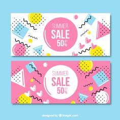 two summer sale banners with colorful shapes