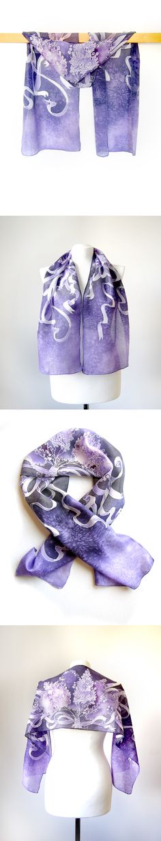 Purple silk scarf with violet flowers of lilac tied up with a white ribbon. Hand painted silk by polish artist Luiza Malinowska #minkulul Scarf Bouquet, Lilac Scarf, Purple Silk Scarf, Silk Scarfs, Polish Artist, Violet Flowers, Eggplant Color, Purple Scarves, Hand Painted Silk Scarf