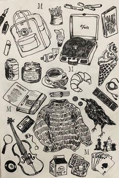 a drawing of various items that are on the table