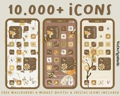 three iphones with flowers on them and the text 10, 000 + icons