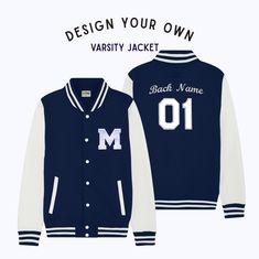 Sweatshirt Varsity Jacket with Varsity Letter Patch. Option to add embroidered name(s) and appliqué number.* Our custom products are hand made to order. Please see the estimated production time for more details. Varsity letter patch made in USA. Jacket hand finished in California. *Subject to availability. You will be notified if there is a delay to your order    STYLE OPTIONS  OPTION A: Varsity Letter Patch Only  OPTION B: Varsity Letter Patch + Front Name embroidery  OPTION C: Varsity Letter P White Team Spirit Outerwear For College, Navy Varsity Jacket With Baseball Collar, White Cotton Outerwear With Letter Embroidery, Varsity Jacket With Embroidered Graphics For College, Collegiate Navy Cotton Varsity Jacket, Navy Collegiate Cotton Varsity Jacket, White Collegiate Cotton Varsity Jacket, White Varsity Jacket With Embroidered Logo, White Varsity Outerwear With Embroidered Logo