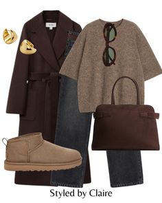 How To Style A Coat, Brown V Neck Sweater Outfit, Ugg Style Outfit, Brown Style Outfit, What Should I Wear Tomorrow, Fall Outfits Uggs, Fall Outfit For Work, Fall Shopping Outfit, Brown Coats