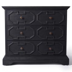 a black chest of drawers with gold knobs on the top and bottom drawer doors