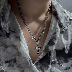 Men's Fashion Inlaid Zircon Silver Colour Cross Pendant Cuban Necklace for Men Punk Party Jewelry Cross Pendant Necklace Men, Stainless Steel Cross Pendant, Double Layer Necklace, Trendy Necklace, Punk Jewelry, Chains Necklaces, Trendy Necklaces, Necklace For Men, Birthday Jewelry Gift