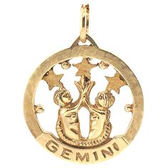 Attractive cut-out charm with the twin "Gemini" motif. The Gemini twins are facing each other and holding up three stars. 14K yellow gold. An interesting mixture of shiny gold and textured gold finishes. 1" in diameter. Alice Kwartler has sold the finest antique gold and diamond jewelry and silver for over forty years. Gemini Jewelry, Gemini Twins, Golden Necklace, Three Star, Gold Texture, Gold Finish, Antique Gold, Jewellery And Watches, Diamond Jewelry