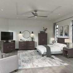 a bedroom with white walls and gray furniture