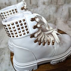 Brand New Mata White Vegan Leather Studded Detail Round Toe Lace Up Chunky Sole Cowboy Ankle Boots, Leopard Print Boots, Fringe Ankle Boots, Boot Print, Brown Booties, High Heel Boots Ankle, Platform Ankle Boots, Womens Wedges, Shoes White