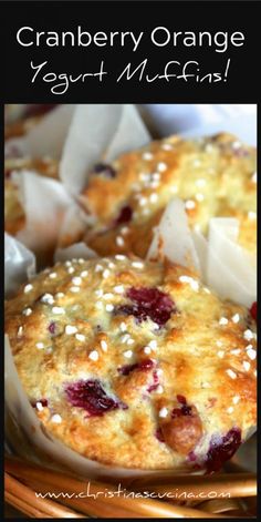 cranberry orange yogurt muffins on a plate with text overlay