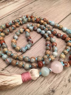 Mala Ideas, Elle Mcpherson, Mala Designs, Mala Beads Diy, Mala Making, Rose Quartz Mala, Mala Bead Necklace, Aqua Terra, 108 Mala Beads