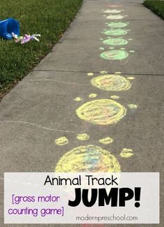 a sidewalk with chalk drawings on it and the words animal track jump written in chalk