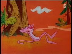 the pink panther is sitting in front of a tree and looking at another cartoon character