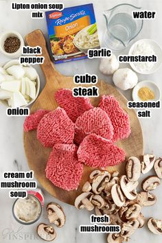 the ingredients to make mushroom soup on a cutting board