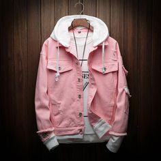 Hooded Jean Jackets, Lightweight Denim Jacket, Mode Mantel, Hooded Denim Jacket, Cowboy Outfits, Jackets Men Fashion, Pink Jeans, Denim Jacket Men, Pink Jacket