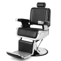 a black and white barber chair sitting on top of a metal base with the seat up