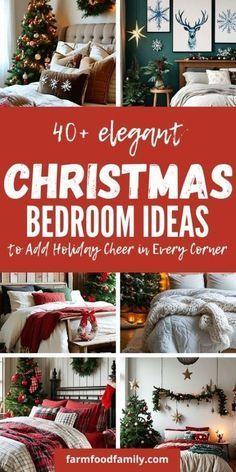 christmas bedroom decor ideas with red and white decorations on the walls, bedding and pillows