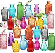 there are many different colored vases on the white background with flowers in each one