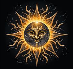 Sun Tattoo: Illuminate Your Skin. Sun Tattoo Large, Ornate Sun Tattoo, Suns With Faces, Mexican Sun Moon Tattoo, Sun With Face, Airbrushing Ideas, Henna Painting, Sun Tattoo Designs