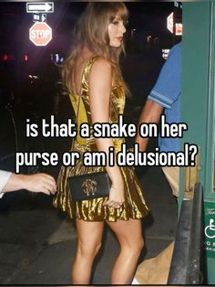 a woman in a gold dress with the caption is that a snake on her purse or am i delusional?