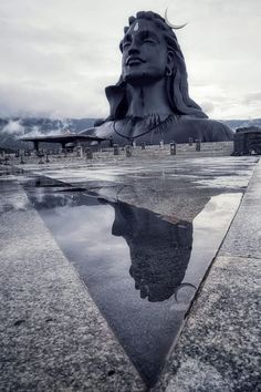 there is a large statue with its reflection in the water next to it's head