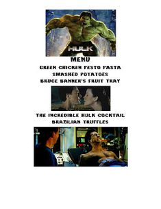 the menu for an event with pictures of hulk and other characters on it, including two men