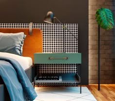 a bed room with a neatly made bed next to a night stand and a brick wall