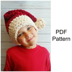 a young boy wearing a crocheted hat and smiling at the camera with text overlay