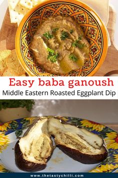 an eggplant dip is served in a bowl with bread on the side